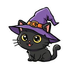 Cute kawaii black cat wearing purple witch hat happy halloween festive feline character illustration