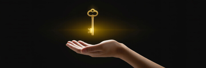 Golden key floating above hand concept of success opportunity solution and unlocking potential power