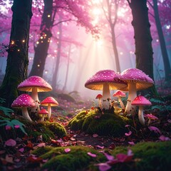 Magical forest with vibrant pink mushrooms