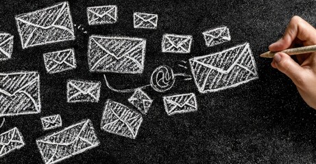 Hand-drawn email graphics on a dark chalkboard background