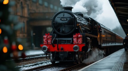 Naklejka premium Historic steam locomotive with festive decorations at a winter train station platform
