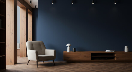 Living room interior with armchair and cabinet