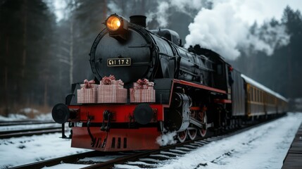 Naklejka premium Vintage Steam Locomotive with Gifts on Cold Winter Day in Scenic Forest Setting