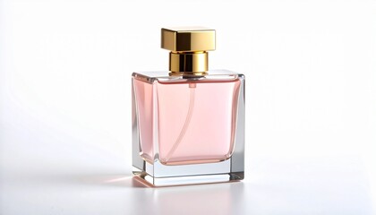 Elegant glass perfume bottle with pink liquid and gold cap on soft background