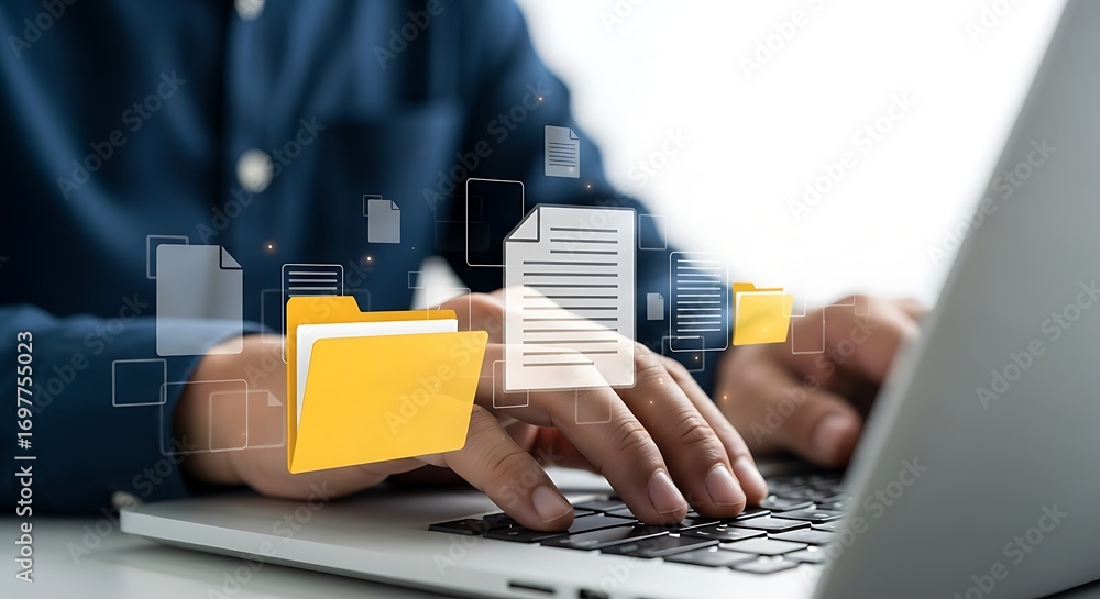 Fototapete digital document management and organization concept with a person typing on a laptop and virtual fi