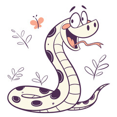 Cartoon Spotted Snake with Butterfly and Leaves on a White Background Art