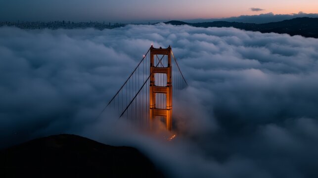 Majestic Golden Gate Bridge Illuminated Above Dense Fog During Twilight in San Francisco - Powered by Adobe