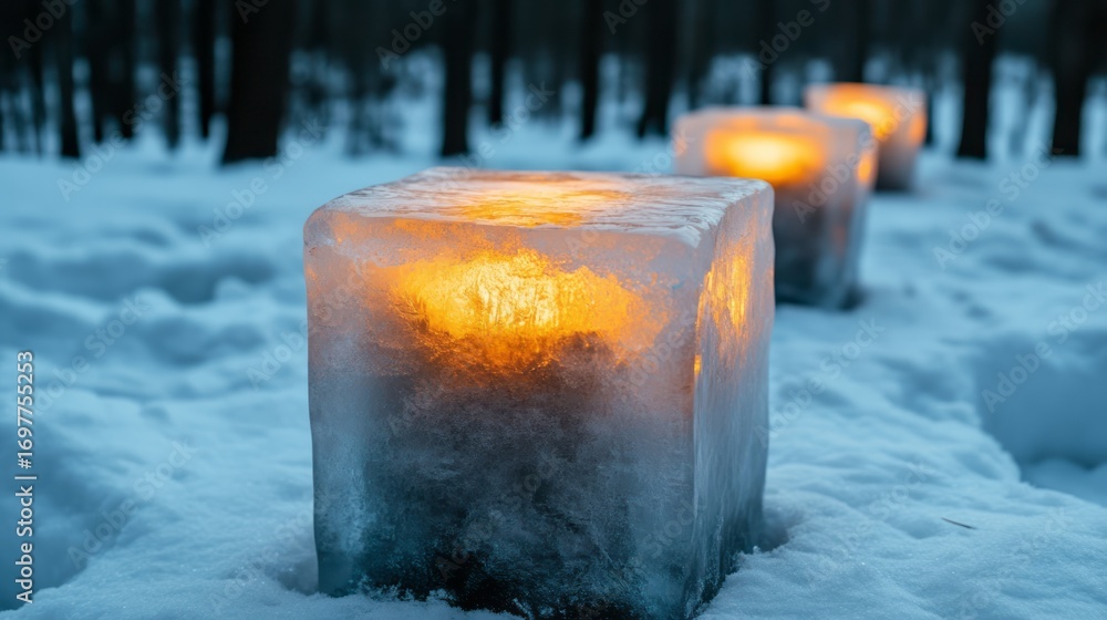 Aufkleber illuminated ice blocks in snowy forest at dusk creating a magical winter atmosphere