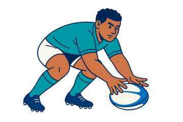 Rugby player in cartoon style placing ball, isolated on white background, clean design element, creative sports concept. Ai generative