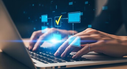 Close up of hands typing on a laptop with a glowing digital interface overlay showing a checklist and progress bars representing data analysis and task completion