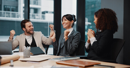 Excited, group and celebration for success in boardroom, collaboration and happiness for investment. Laughing, account manager and people with achievement, team and opportunity for business growth