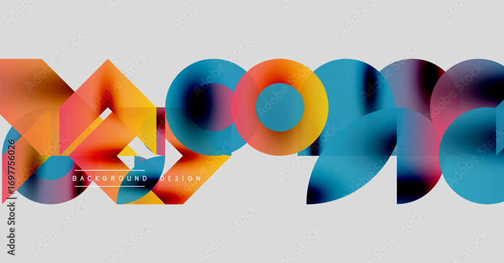 Poster abstract colorful shapes overlap, creating dynamic visual texture. background features gray, white c
