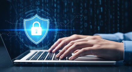 Cybersecurity concept with a glowing blue shield and padlock overlaying a person s hands typing on a laptop keyboard with a digital binary code background