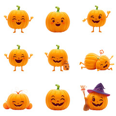 Collections of cute cartoon pumpkins with smiling faces, playful expressions, and Halloween details like witch hats, candy, and trick or treat buckets, perfect for festive autumn and holiday designs