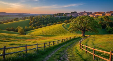 Fototapeta premium Serene Sunset Over Rolling Hills A Picturesque Countryside Landscape Photography