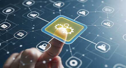 Close up of a finger touching a glowing digital interface with interconnected icons representing technology and data flow symbolizing innovation and connectivity in a modern world