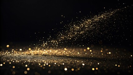 Golden Glitter Explosion on Black Background with Bokeh