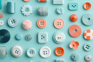 A colorful arrangement of various buttons and threads displayed on a bright background, perfect for sewing and crafting enthusiasts.