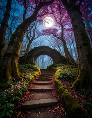 Magical moonlit forest path