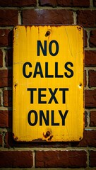 Retro rusty yellow no calls text only sign on brick wall vintage communication style
