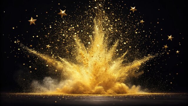 Golden Glitter and Stars Explosion on Black Background