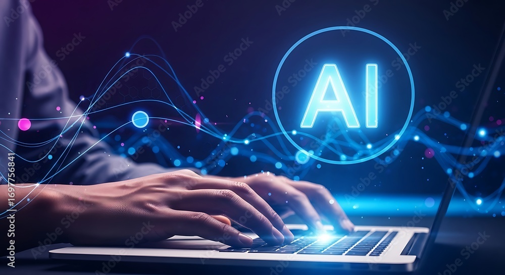 Poster close up of a person s hands typing on a laptop with a glowing ai symbol and digital network overlay