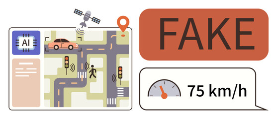 AI interface, car, pedestrian, roads, traffic lights, satellite, location pin, alert indicating fake speed data. Ideal for AI transport safety cybersecurity surveillance tech ethics automation