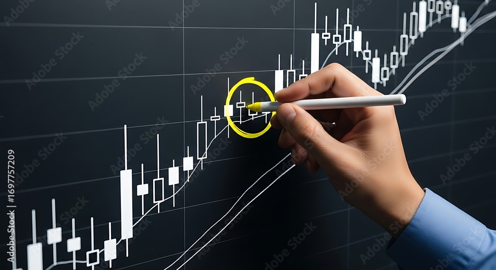 Poster close up of a hand using a stylus to highlight a positive upward trend on a financial stock market g