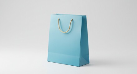 Single light blue paper gift bag with rope handles on white background