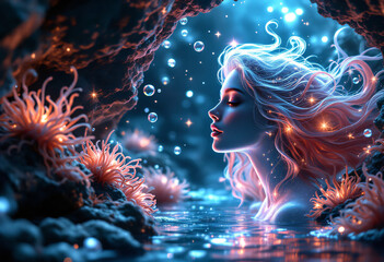Woman submerged in water with flowing hair and glowing corals  
