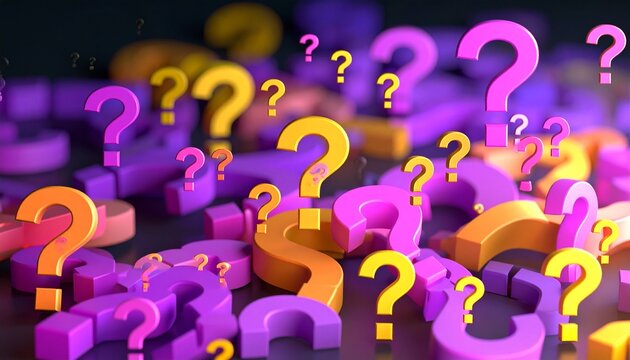 Floating 3D question marks in vivid purple, pink, and orange on dark background - Powered by Adobe