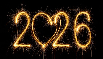 Happy New Year 2026. Creative Number 2026 with sign heart written sparkling sparklers isolated on black background