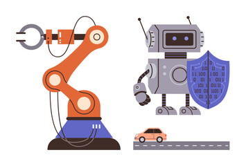 Robot arm for manufacturing, robot holding data shield for cybersecurity, small car on road symbolizing AI driving. Ideal for automation, robotics, AI, cybersecurity, manufacturing, technology