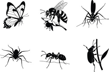 Insect and arachnid black silhouette vector set, butterfly, bee, mosquito, spider, ant, beetle, nature icons, biodiversity, pest control, entomology