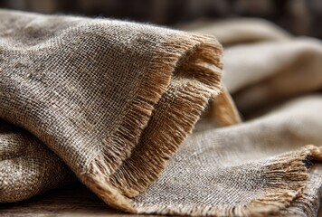 Close-up of a folded, coarse, brown textile fabric with fringed edges. Textured surface with a natural, organic feel. Neutral tones create a warm, rustic aesthetic