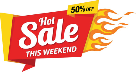 Exciting 50% off hot sale banner with fiery flames, perfect for weekend promotions.