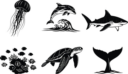 Marine animals vector set, jellyfish, dolphin, shark, coral reef, sea turtle, whale tail, ocean wildlife, underwater creatures, black and white illustration © Farzana