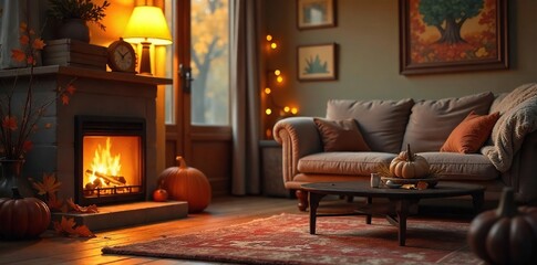Cozy autumn scene featuring a warm, inviting space heater adding seasonal comfort to a living room  Perfect for fall and winter themes ,  autumn,  room,  living room