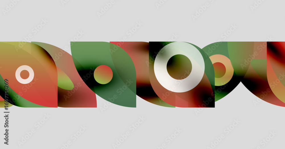 Poster abstract design features overlapping colorful shapes. circles, rectangles blend creating dynamic vis