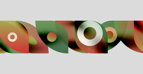 Abstract design features overlapping colorful shapes. Circles, rectangles blend creating dynamic visual pattern. Modern, geometric composition.