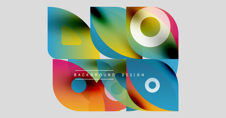 Abstract colorful shapes overlap. Modern design features vibrant hues, gradients, circles, rectangles. Background is light gray.