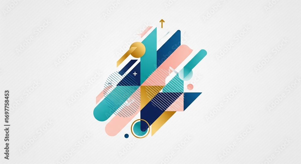 Poster abstract geometric shapes composition on a white background, featuring a dynamic arrangement of colo