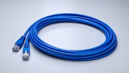 Coiled blue Ethernet cable with RJ45 connectors on light surface