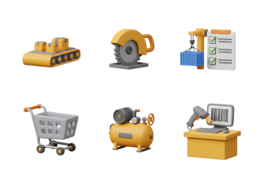 3d icon of compilation of 3d icons for industry, construction, and commerce isolated on transparent background