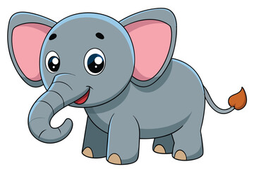 Cartoon Style Gray Elephant with Big Eyes and Tail on White Background
