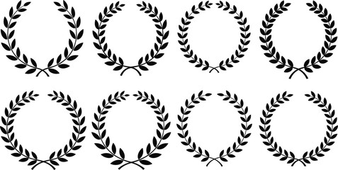 Set of black laurel wreaths icons, classic decorative symbols representing victory, honor, achievement, success, and excellence on white background.