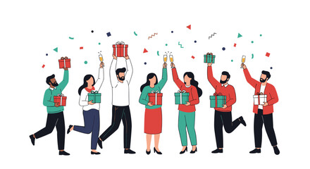 Happy people celebrating with presents and confetti at a party