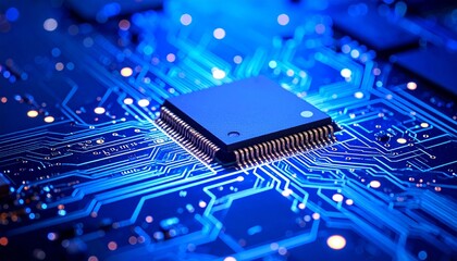 Blue-glowing CPU chip on motherboard with circuit patterns