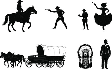Wild West cowboy silhouettes, Native American chief, horse wagon, frontier woman with gun, western riflemen, vintage western scene, retro vector illustration