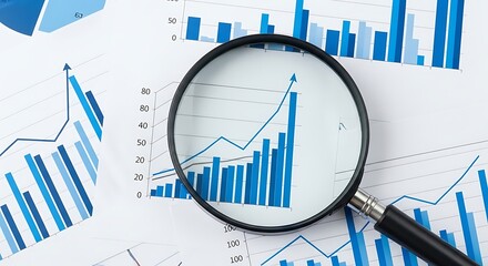 Close up of a magnifying glass focusing on a rising bar graph and line chart symbolizing financial analysis data inspection and business growth
